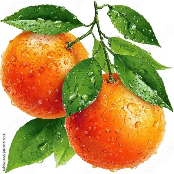 Fototapeta Two oranges, wet with water droplets, on a branch with leaves