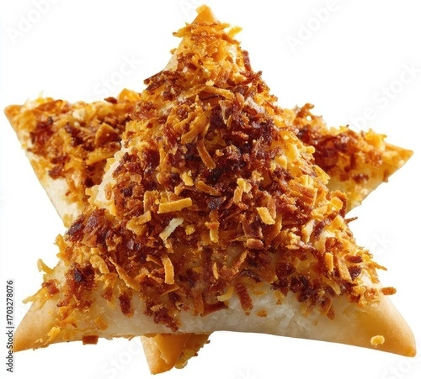 Fototapeta Two triangular star-shaped pastries, topped with a generous amount of golden-brown, shredded coconut
