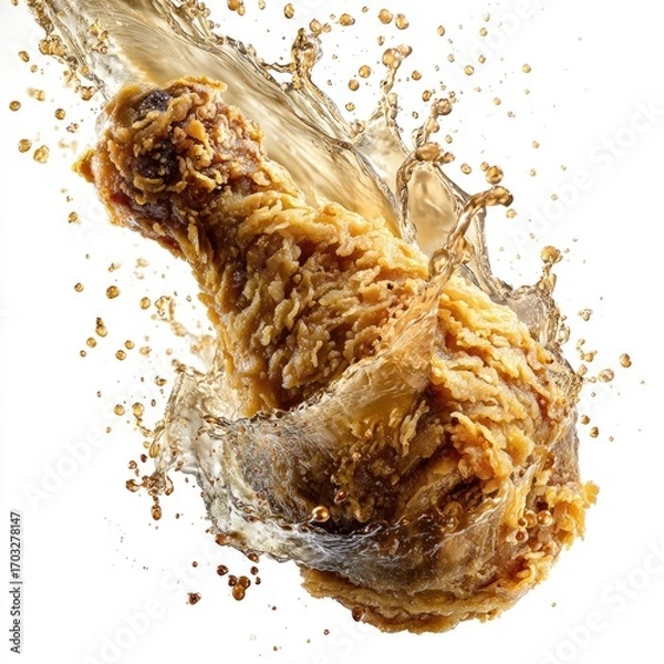 Fototapeta Crispy fried chicken drumstick in liquid splash