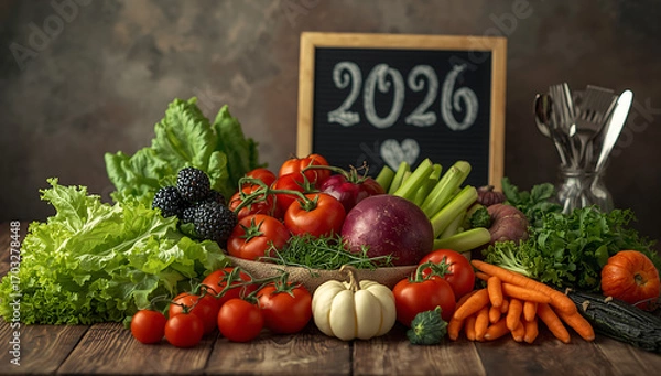 Fototapeta  celebrating the start of the new year 2026, with a focus on healthy food habits on wooden table ai generative