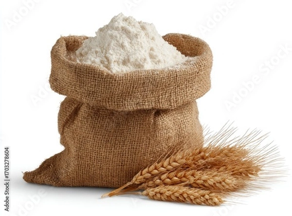 Fototapeta Flour in burlap sack with wheat
