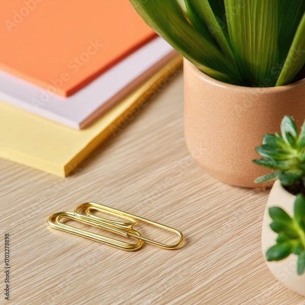 Fototapeta Golden paperclips on light wood desk with colorful notebooks and plants