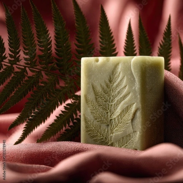 Fototapeta Light green soap, fern design, draped fabric