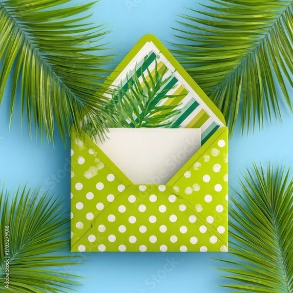 Fototapeta Lime green envelope with palm leaves