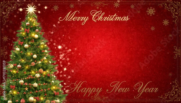 Fototapeta Christmas background with a tall, lush, green xmas tree decorated with ornaments, garlands, ai generative
