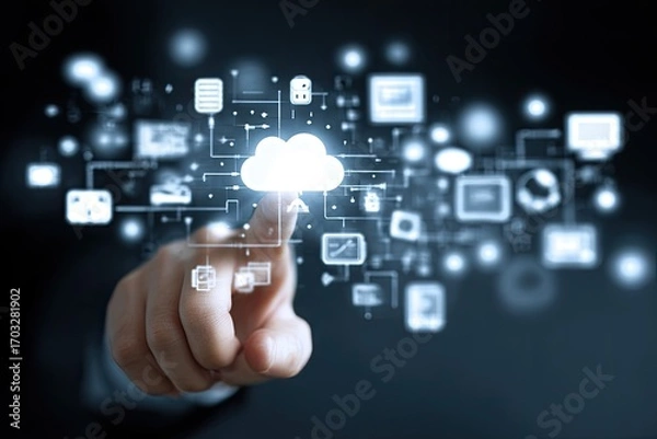 Fototapeta Hand interacting with a cloud computing network
