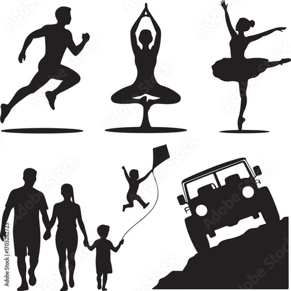Fototapeta Diverse Silhouettes of People and Vehicles Engaged in Activities Keywords: silhouette, running man