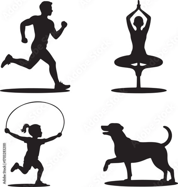 Fototapeta Four Silhouettes Of People And A Dog Engaged In Activities Keywords: silhouette, running man, yoga