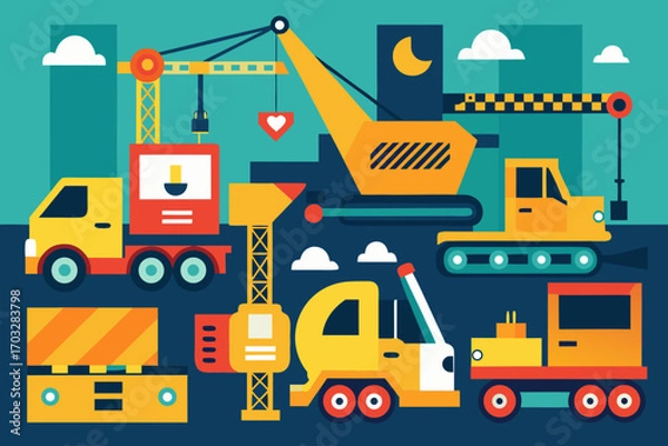Obraz Construction vehicles and equipment in colorful flat design  