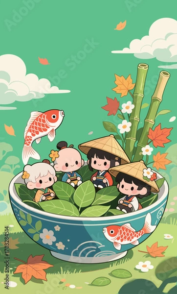 Fototapeta Cute Japanese Characters in a Bowl with Koi Fish and Bamboo