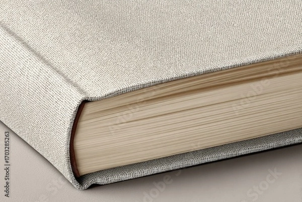 Fototapeta Close-up of a book's light beige cloth-covered spine and edge