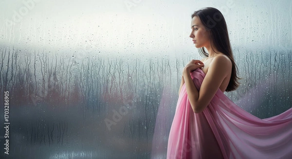 Fototapeta Sad woman looking out a window on a rainy day. Melancholy portrait with copy space.