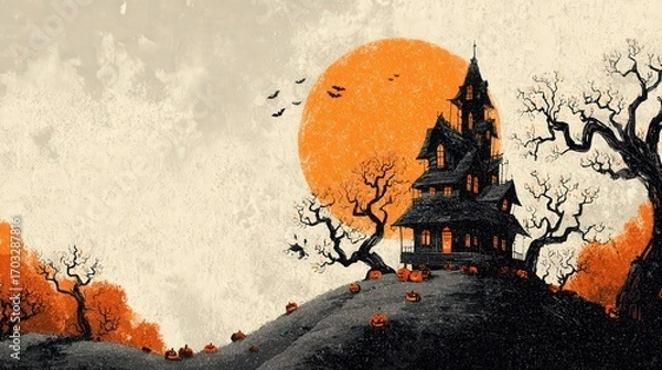 Fototapeta Haunted House, Bare Trees, Orange Moon, Halloween