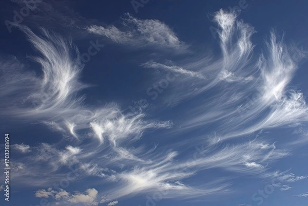 Fototapeta Wispy, flowing clouds against a deep blue sky