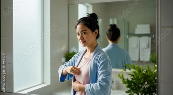 Fototapeta Asian woman checking her breasts in front of a mirror for cancer prevention. Daily self-care and health routine at home.