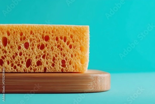 Fototapeta Close-up of a light orange sponge resting on a light brown bamboo cutting board against a teal background.  The sponge's texture is porous
