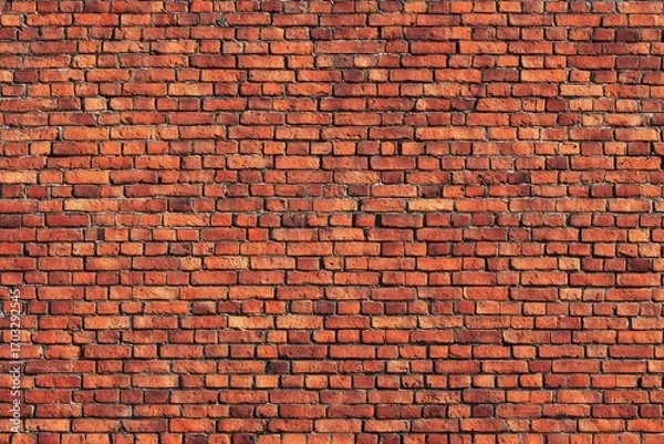 Fototapeta Full shot of a brick wall.  Reddish-brown bricks tightly arranged in a uniform pattern.  Mortar lines are visible between bricks