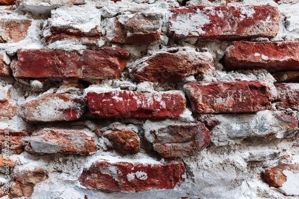Fototapeta Close-up view of an aged brick wall, showing varied tones of red and brown bricks, with remnants of mortar and whitewash