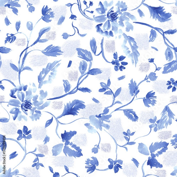 Obraz  Blue watercolour textured connecting seamless floral beautiful pattern