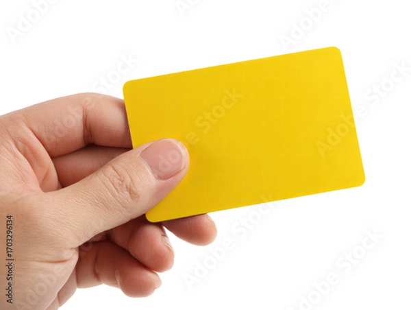 Fototapeta Hand, yellow, card, blank, isolated