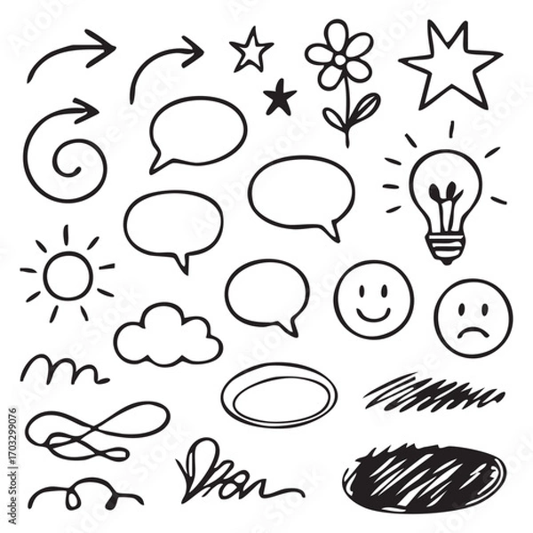 Fototapeta A Whimsical Doodle Collection Featuring Hand Drawn Arrows Stars Speech Bubbles a Radiant Sun and Delightful Smiley Faces all in Black and White with a Playful Aesthetic