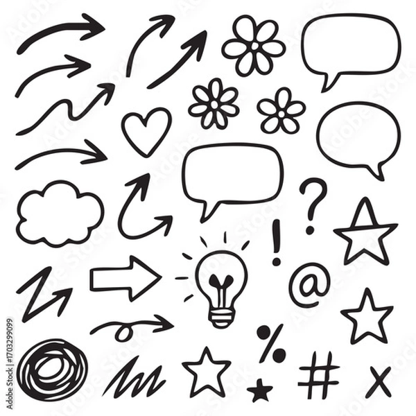 Fototapeta Whimsical Hand Drawn Doodle Elements Collection a Variety of Arrows Flowers Speech Bubbles and Symbols for Creative Design and Sketchbook Decoration Fun and Expressive