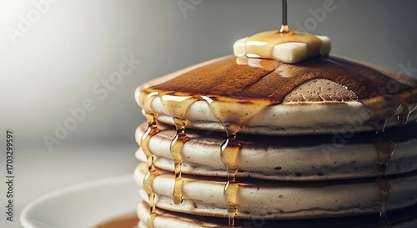 Obraz Elevated pancake stack with syrup cascade and butter, a delightful breakfast