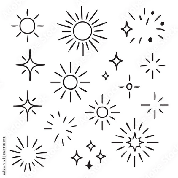 Fototapeta Hand Drawn Celestial Elements Collection Simple Sun Star Sparkle and Shine Icons and Symbols Mystical Sketchy Design for Decoration and Embellishments Ideal for Various Creative Projects