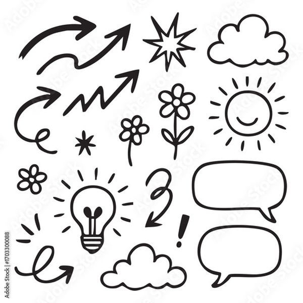 Fototapeta Playful Doodle Collection Hand-Drawn Artistic Elements Featuring Arrows, Stars, Flowers, Clouds, Light Bulbs, Speech Bubbles, and More Whimsical Designs Ideal for Adding a Touch of Creativity.