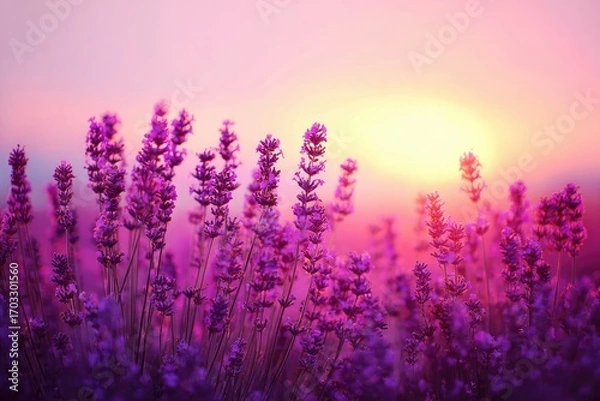 Fototapeta Lavender field at sunset, vibrant purples and pinks