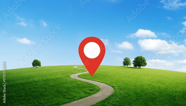 Fototapeta Location pin icon centered on a vibrant green lan ai genrative