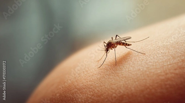 Fototapeta Image of a mosquito biting a person, background with copyspace