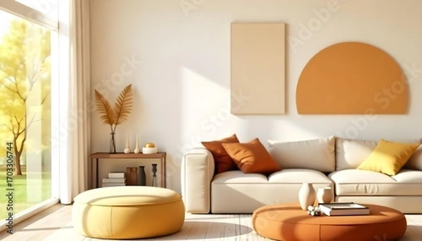 Fototapeta Modern living room with a beige sofa, orange pillows, and a round ottoman , minimalist decor, warm color palette, sunlight streaming through the window , creating a cozy atmosphere.