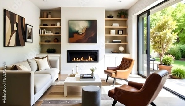 Fototapeta Living room with a gray sofa, two brown leather armchairs, a fireplace , and built-in shelves , with a large window overlooking a garden