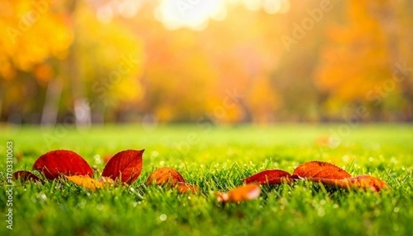 Fototapeta 秋色の落ち葉　緑の芝生に映える紅葉の彩り