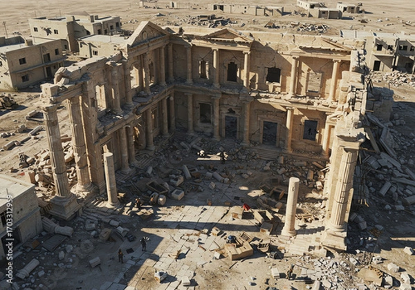 Fototapeta Ancient ruins with fallen columns and debris in barren landscape