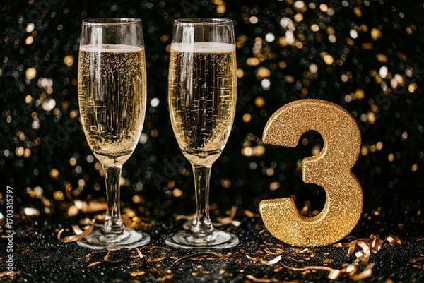 Fototapeta Two champagne flutes, sparkling, beside a gold number three, celebratory backdrop
