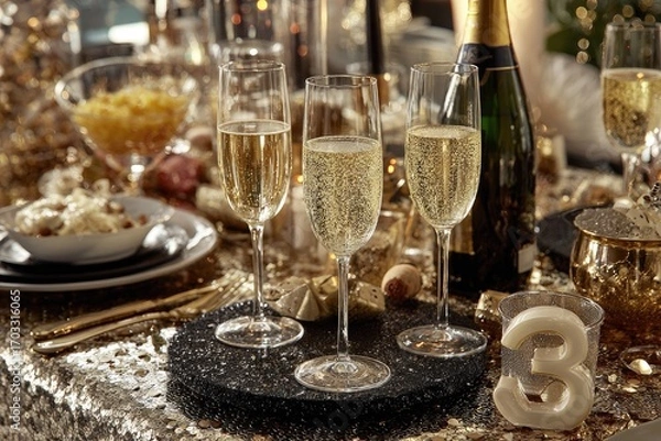 Fototapeta Festive New Year's Eve table setting with champagne flutes
