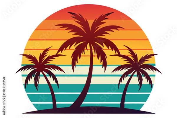 Fototapeta Three tropical palm trees stand silhouetted against a colorful sunset with horizontal stripes