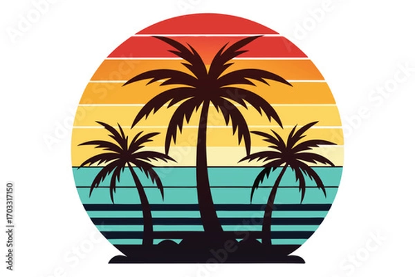 Fototapeta Silhouette of vibrant palm trees stands against retro gradient sunset backdrop creating beachy vibes