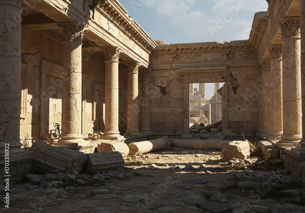 Fototapeta Ancient ruins with cracked columns and broken stones in open space