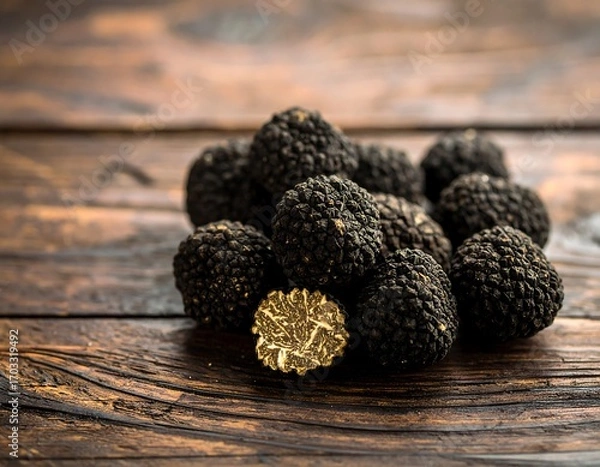 Obraz Black truffles on rustic wooden surface