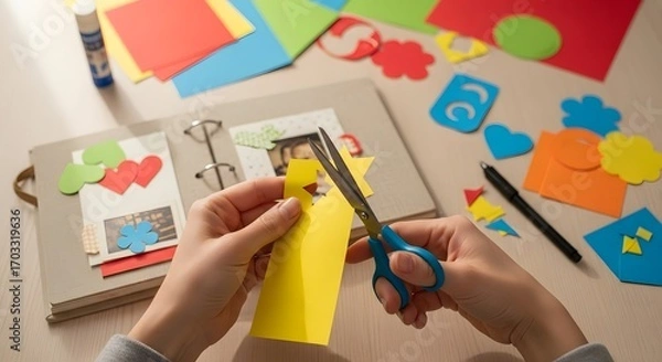 Fototapeta Hands Cutting Paper for Scrapbook