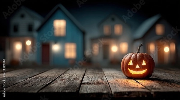 Fototapeta Glowing Jack-O'-Lantern on Rustic Wooden Table