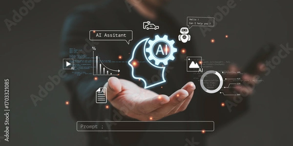 Obraz Businessman holding AI assistant hologram artificial intelligence with data analytics chatbot and machine learning technology for innovation,automation and digital transformation.