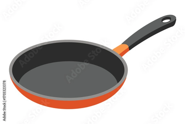 Fototapeta The isometric style orange frying pan displays an empty interior and grey handle