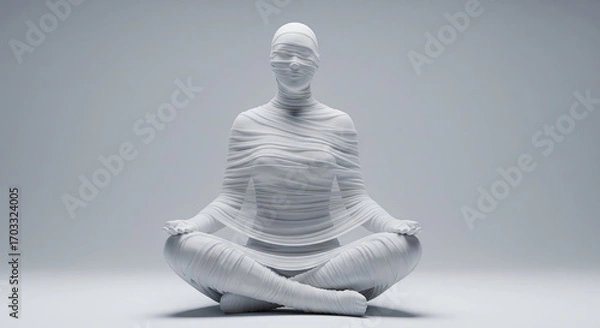 Fototapeta 3D rendering of a person wrapped in bandages meditating in a lotus pose. Concept of feeling trapped, silenced, or healing.