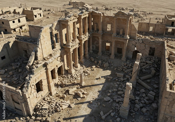 Fototapeta Ancient ruins with collapsed structures and scattered debris under clear sky
