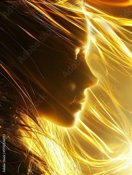 Fototapeta Profile of a woman surrounded by glowing golden light. AI-generated.
