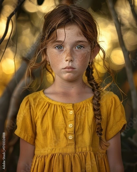 Fototapeta Young girl with braid and freckles in golden light. AI-generated.